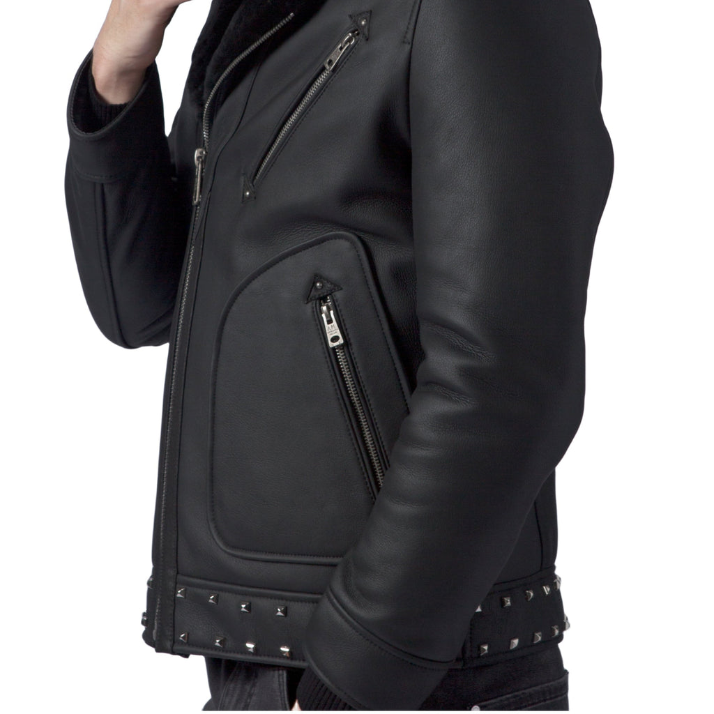 Black Biker Studded Real Shearling Sheepskin Leather Jacket