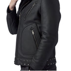 Black Biker Studded Real Shearling Sheepskin Leather Jacket