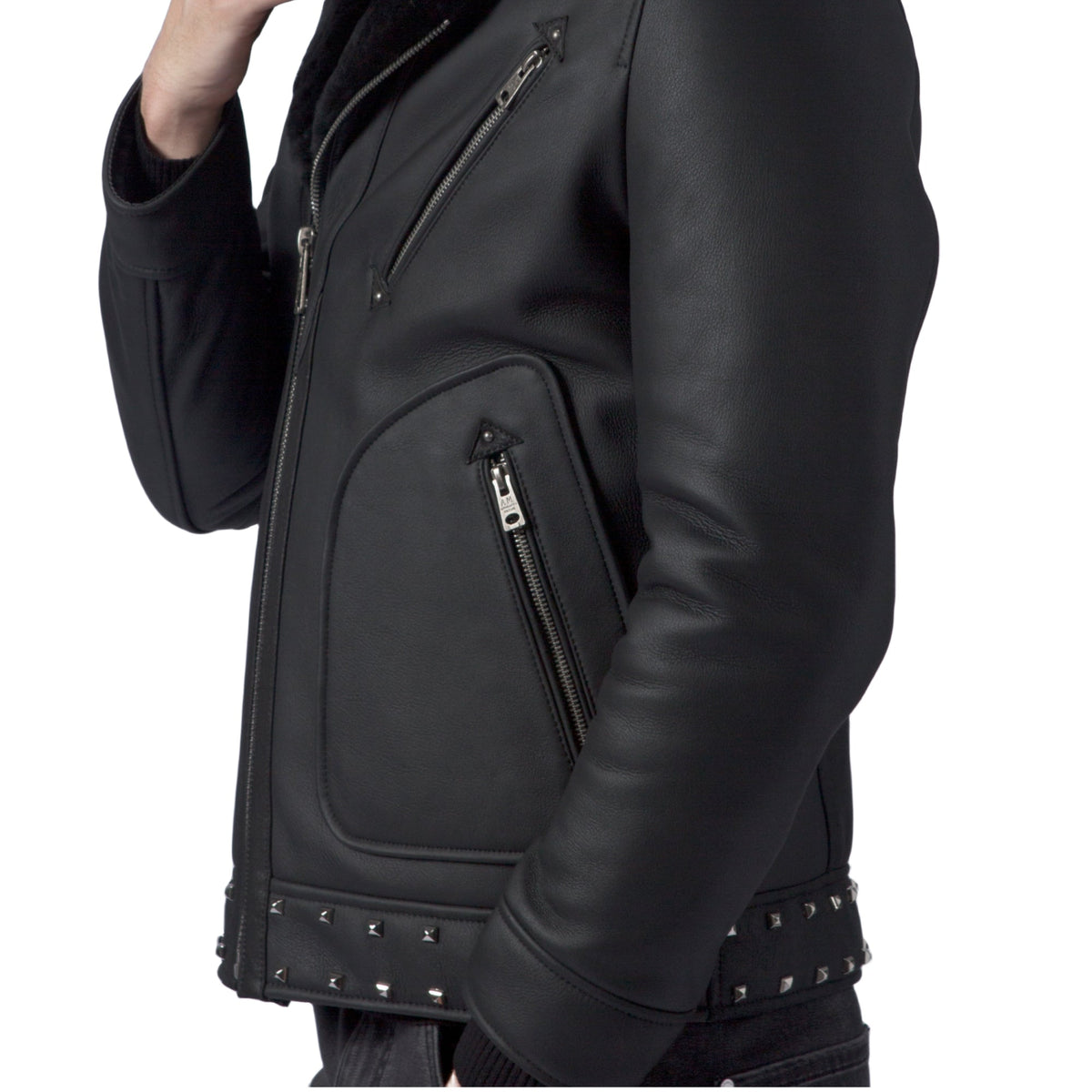 Black Biker Studded Real Shearling Sheepskin Leather Jacket