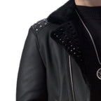 Black Biker Studded Real Shearling Sheepskin Leather Jacket