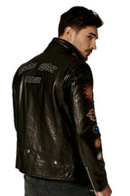 Black Goatskin Moto Biker Jacket with Appliques