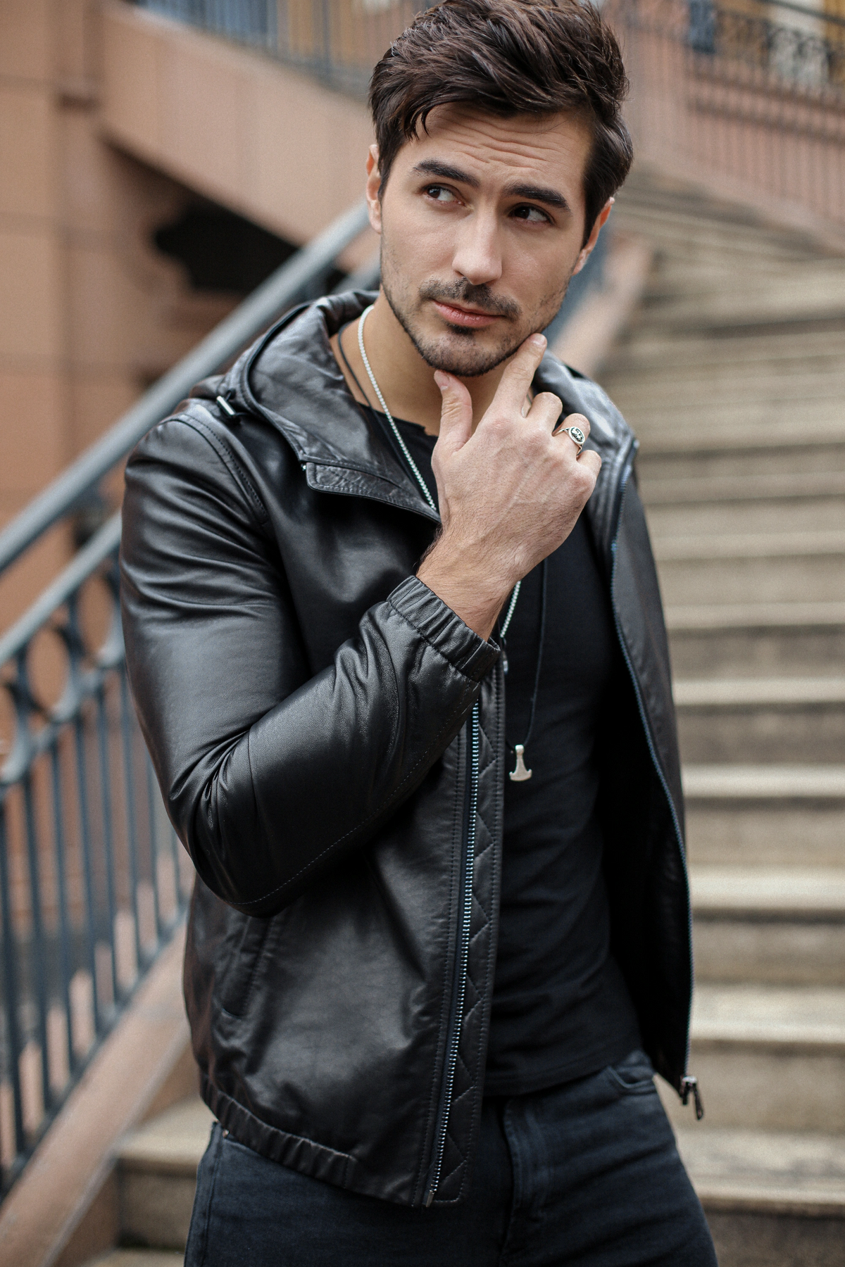 Black Hooded Genuine Leather Bomber Jacket