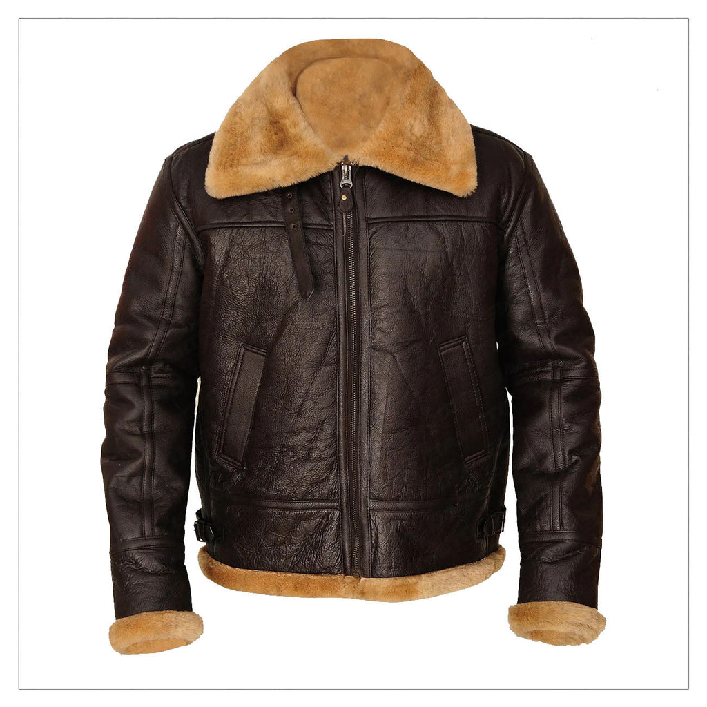 Men Aviator Flying Bomber Airforce RAF Brown Shearling Leather Jacket