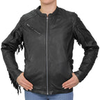 Hot Leathers Ladies Silver Fringe Black Leather Motorcycle Jacket - JKL1028
