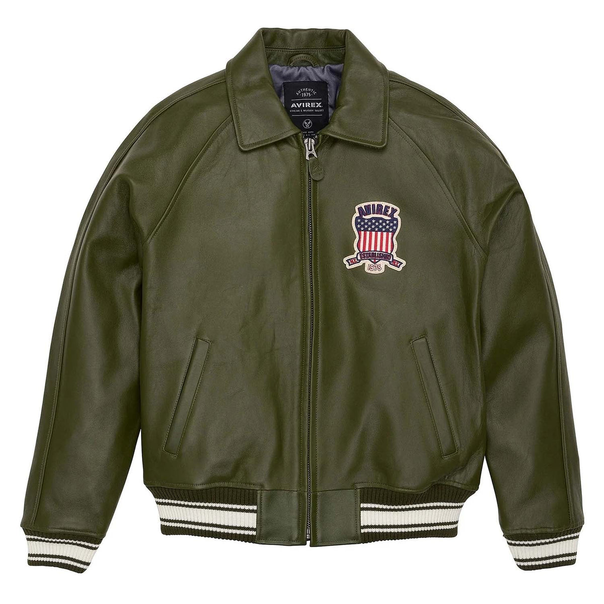 Avirex Iconic Olive Green Leather Bomber Jacket