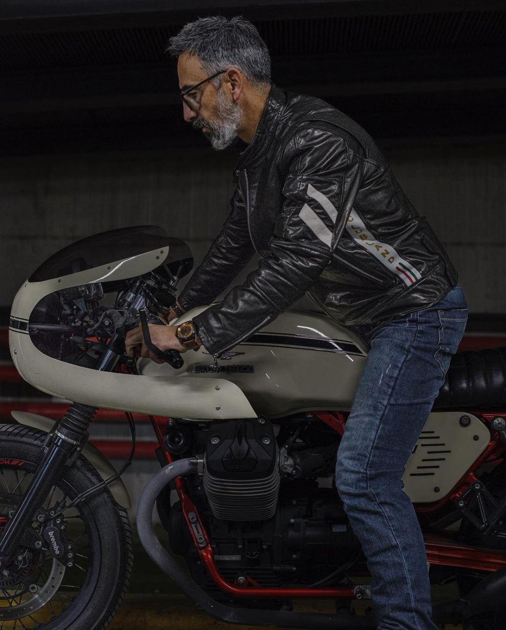Black Leather Racer Jacket Letter Knitted Band