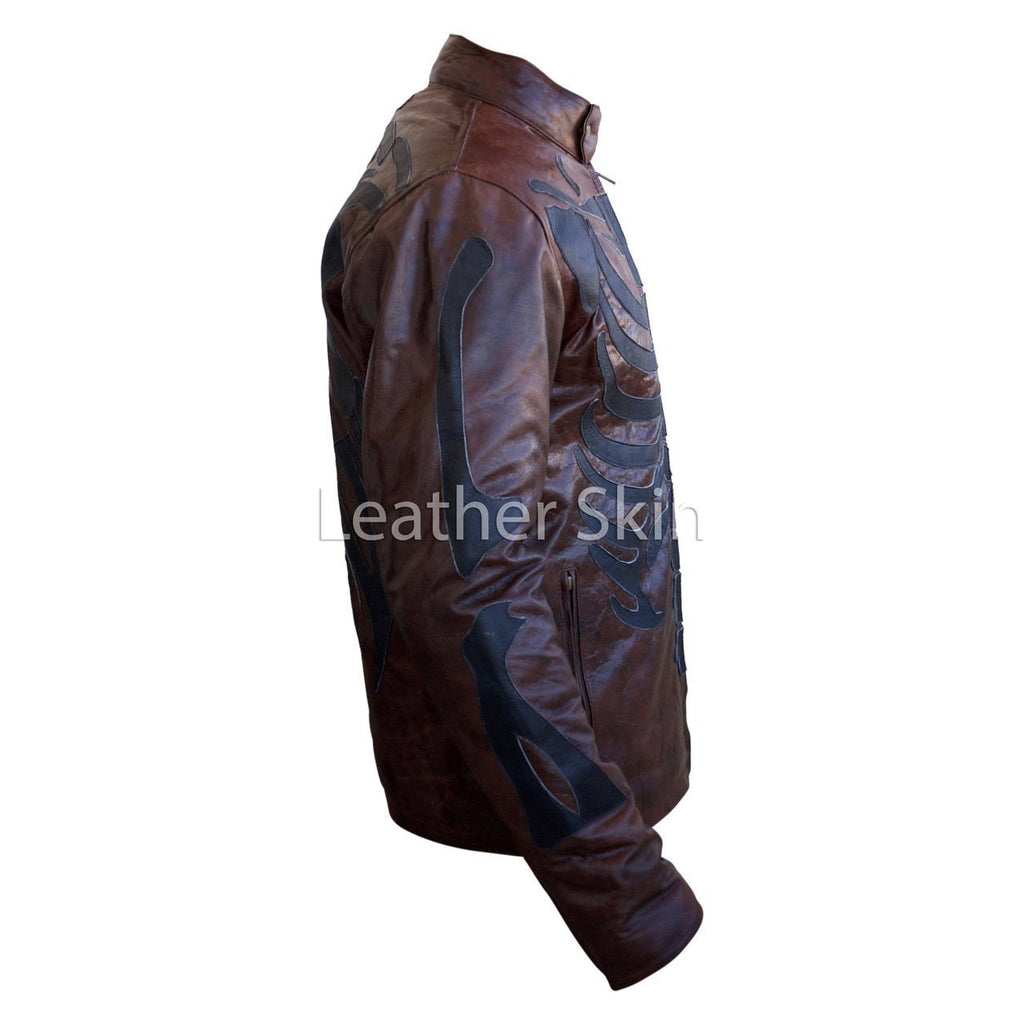Men Two Tone Distressed Brown Black Skeleton Biker Motorcycle Leather Jacket