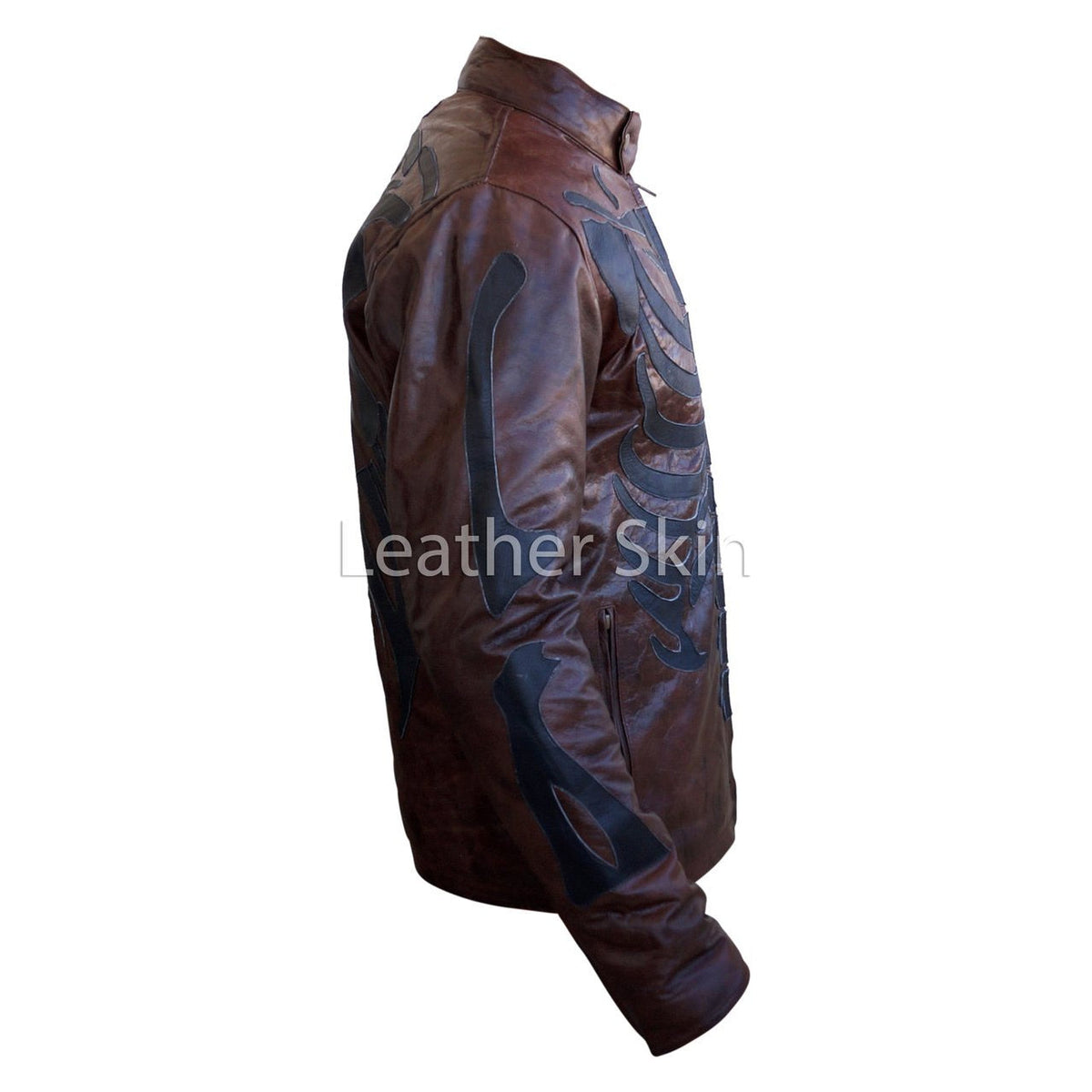 Men Two Tone Distressed Brown Black Skeleton Biker Motorcycle Leather Jacket