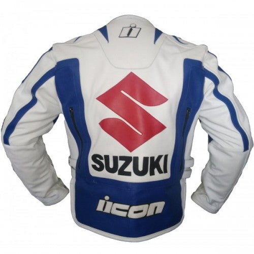 SUZUKI BLUE AND WHITE MOTORCYCLE LEATHER RACING JACKET