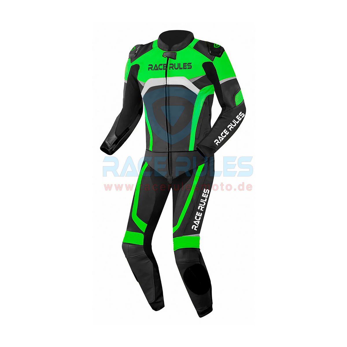RaceRules Men’s Motorcycle Racing Leather Suit – Black Green Track Riding Gear with CE Armor & Sliders