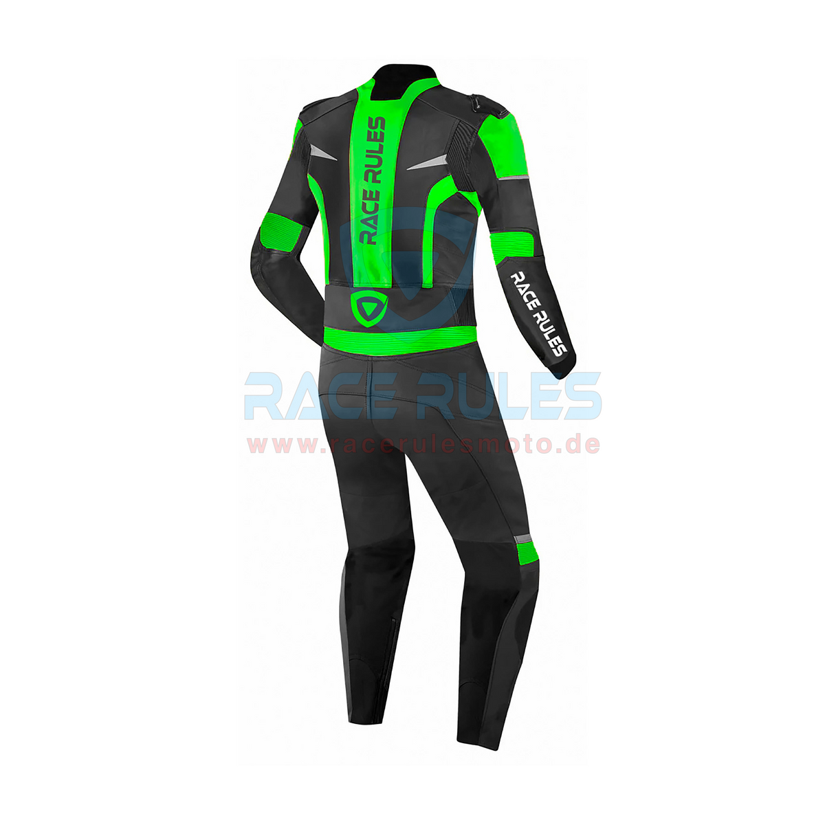 RaceRules Men’s Motorcycle Racing Leather Suit – Black Green Track Riding Gear with CE Armor & Sliders