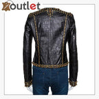 Black Embossed Leather Studded Zip Front Jacket