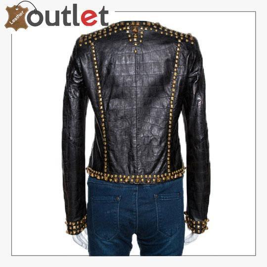 Black Embossed Leather Studded Zip Front Jacket