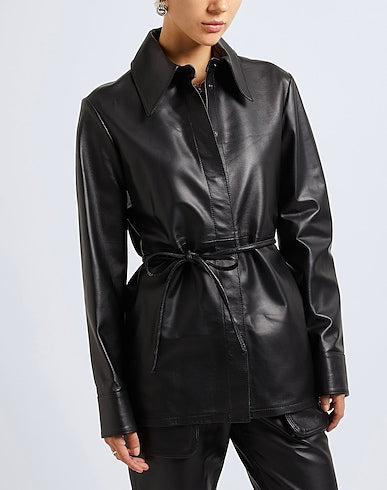 Fashion Leather Belted Shacket Solid color shirts & blouses
