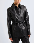 Fashion Leather Belted Shacket Solid color shirts & blouses