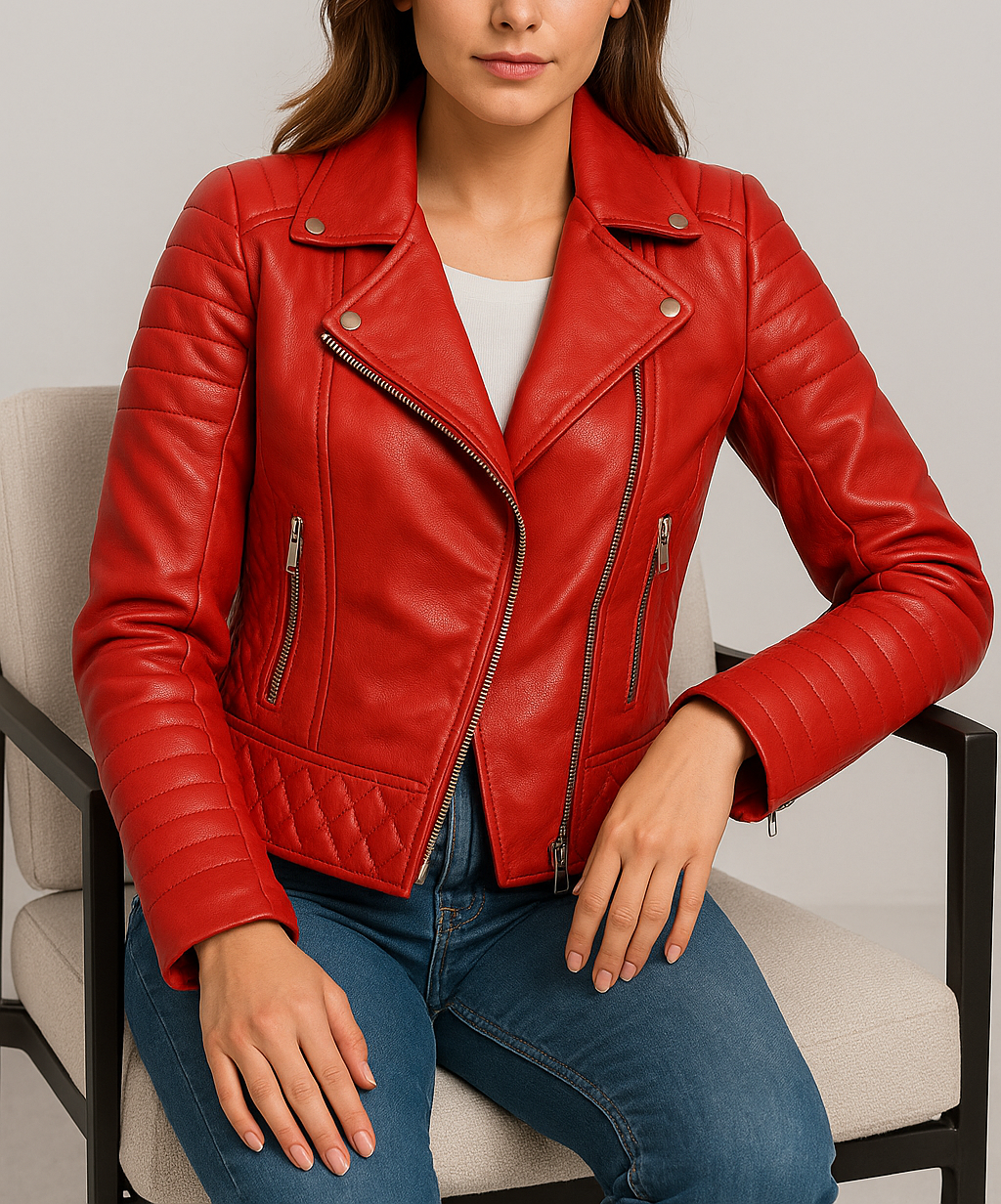 Women Quilted Red Biker Leather Jacket