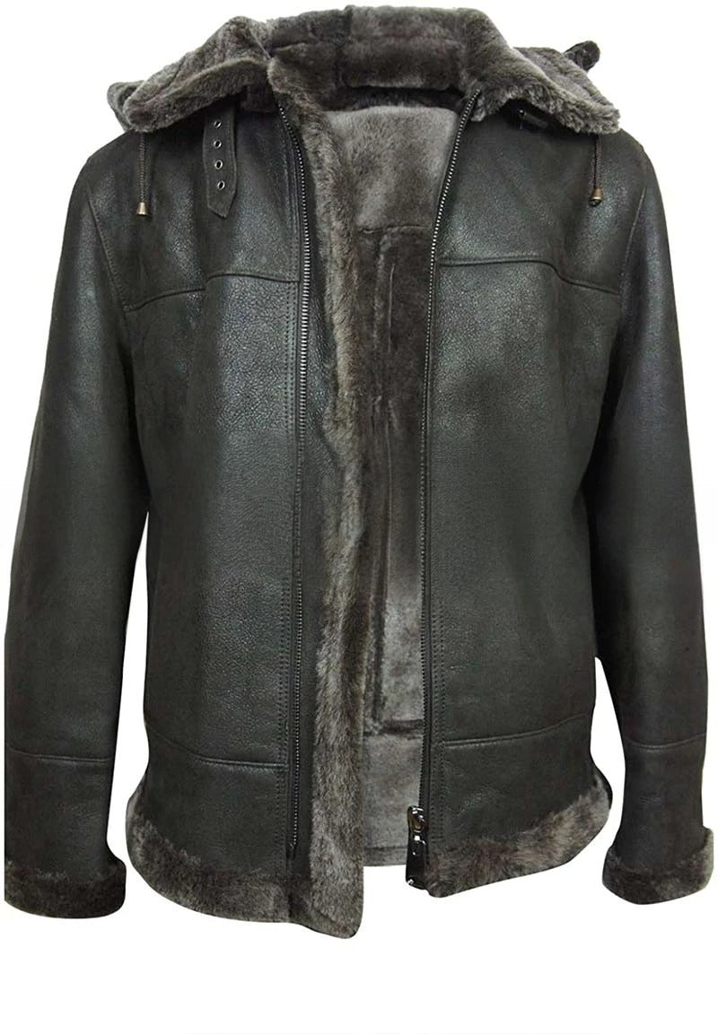 Men’s Aviator Flight Fur Shearling B3 Hooded Black Leather Jacket