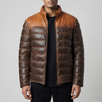Men’s Dual Tone Brown Leather Puffer Down Jacket