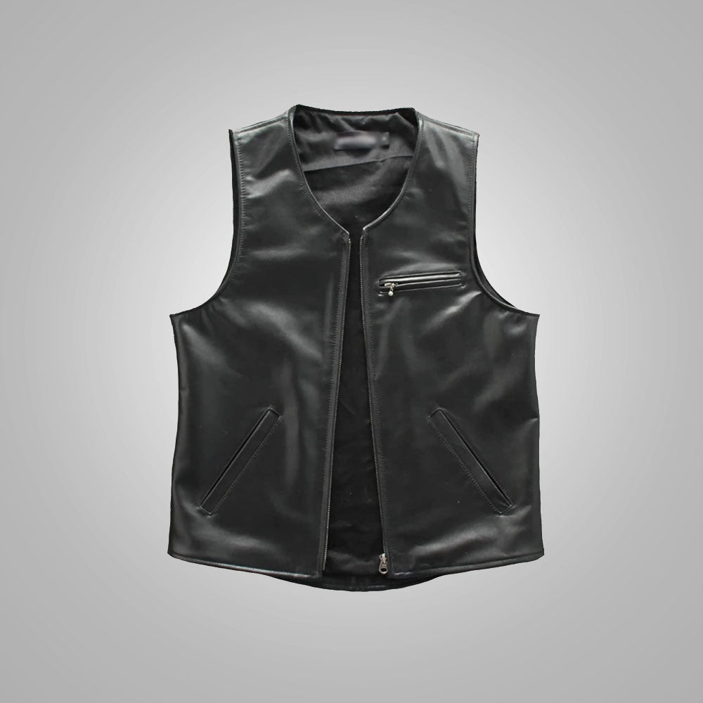 Mens Black Sheepskin Waistcoat Cowboy Genuine Leather Vest