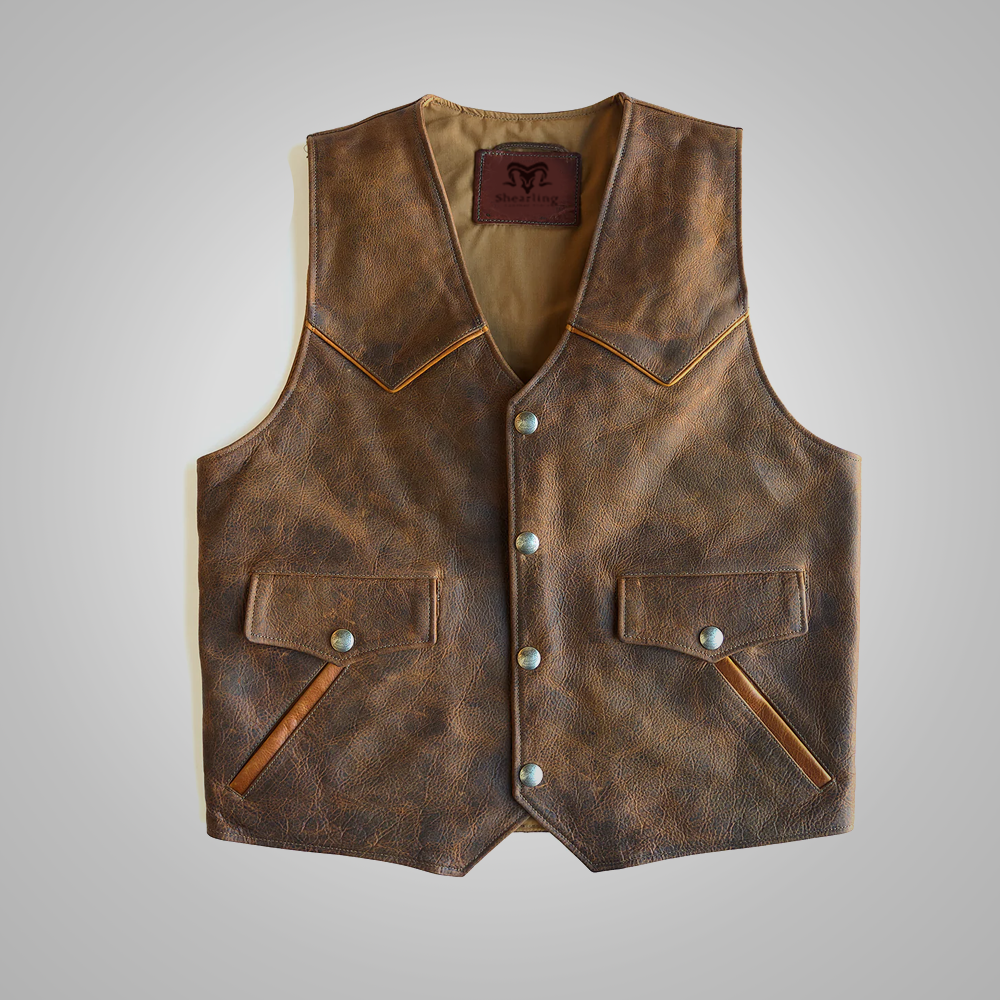 Men's Brown Sheepskin Western Waistcoat Light Weight Leather Cowboy Vest
