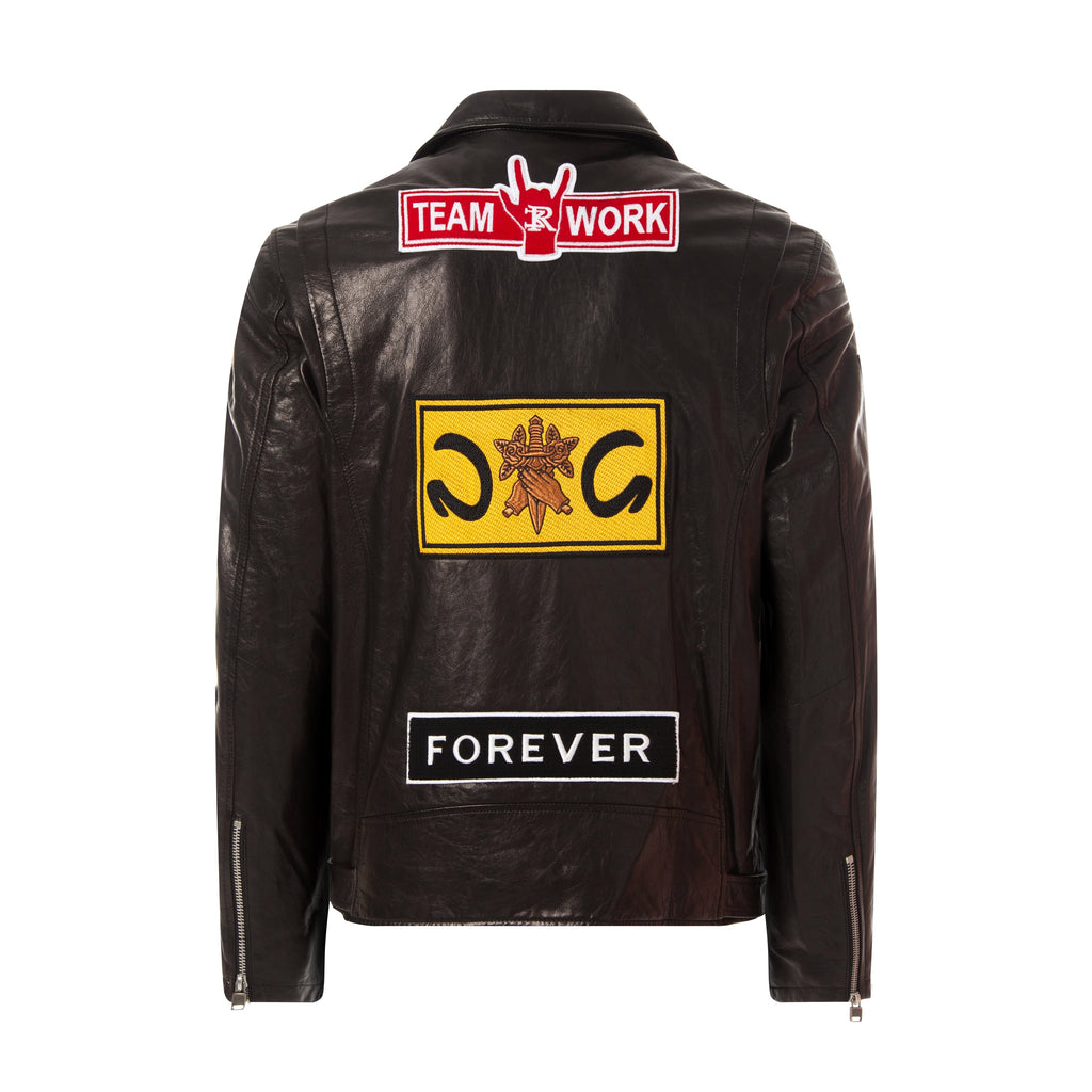 Black Goatskin Moto Biker Jacket with Appliques