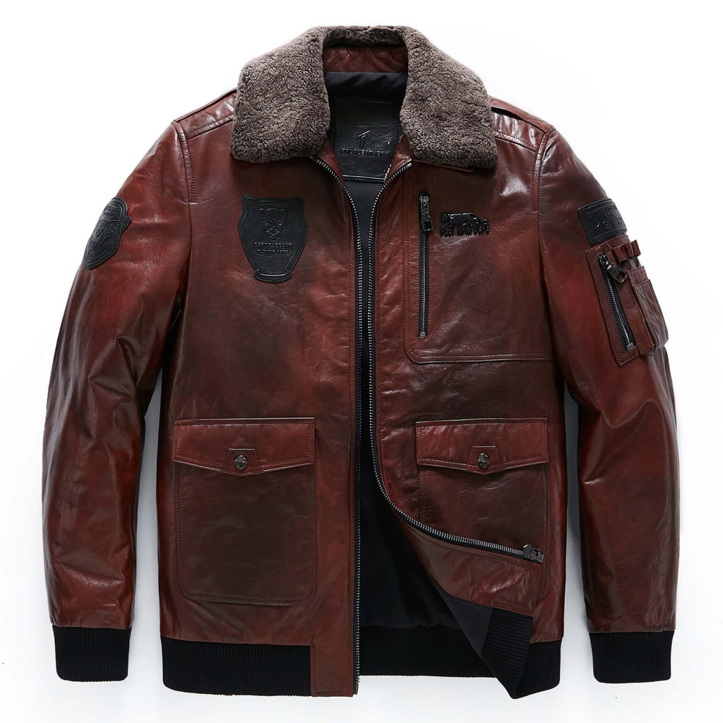 Reddish Brown Patched Goatskin Leather Bomber Jacket