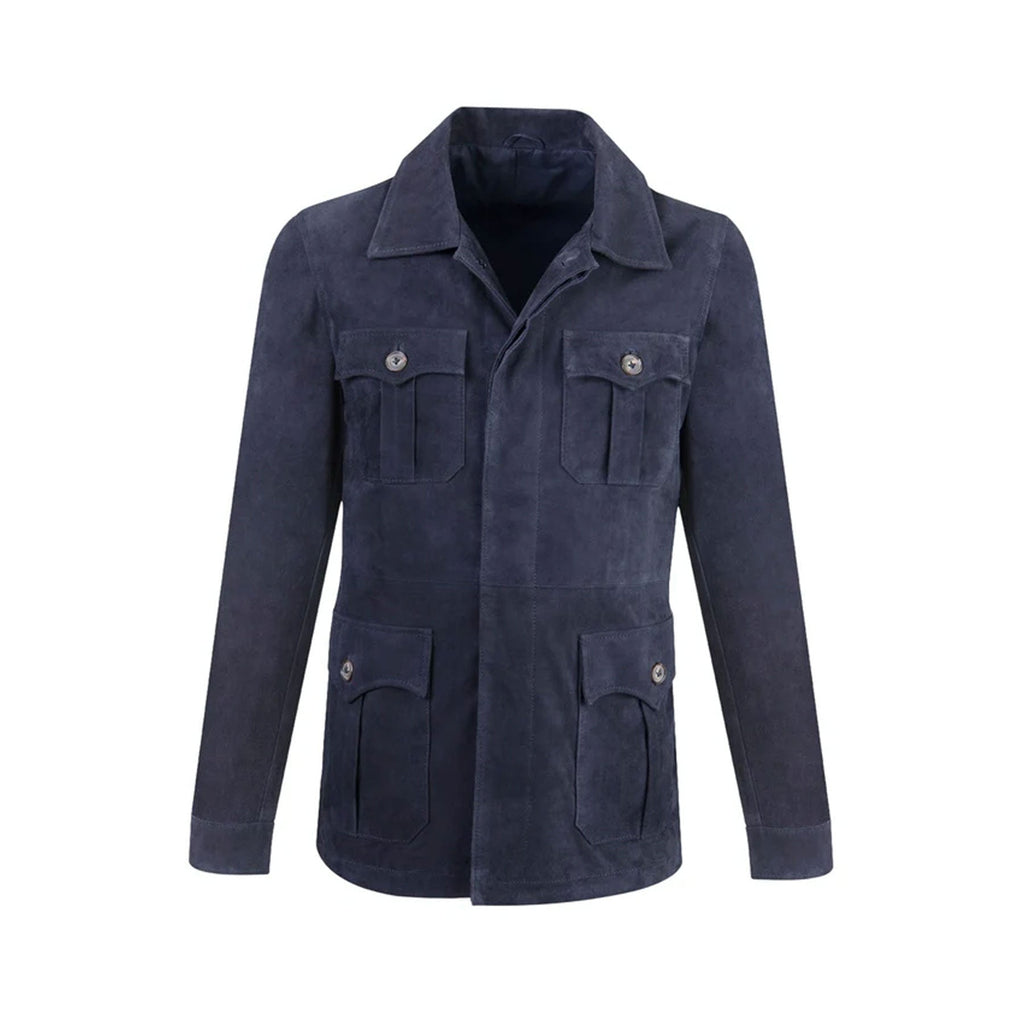 Men's Chocolate Medium Blue Suede Leather Bomber Shirt Jacket - Jeans Style