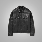 New Men's Army Black Suede Shearling Leather Trucker Jacket