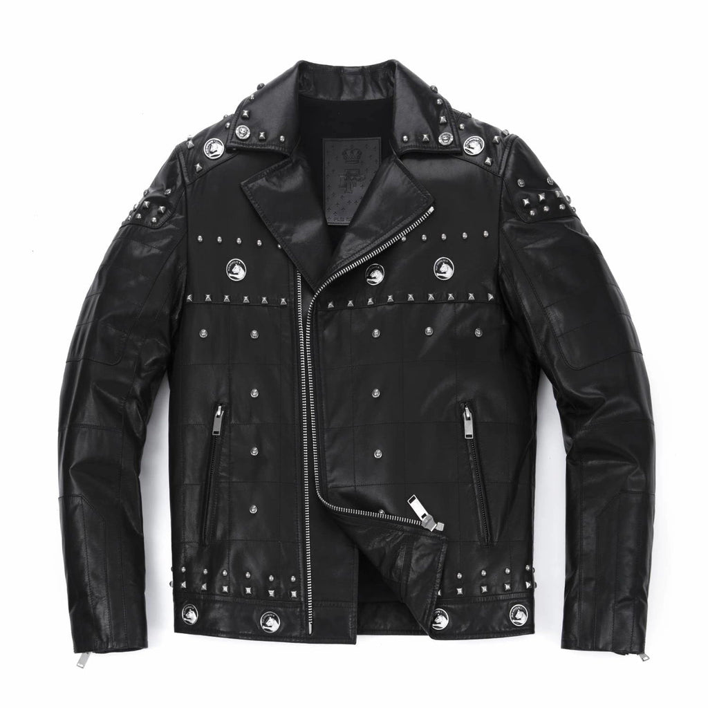 Black Rivet Punk Genuine Leather Moto Biker Jacket