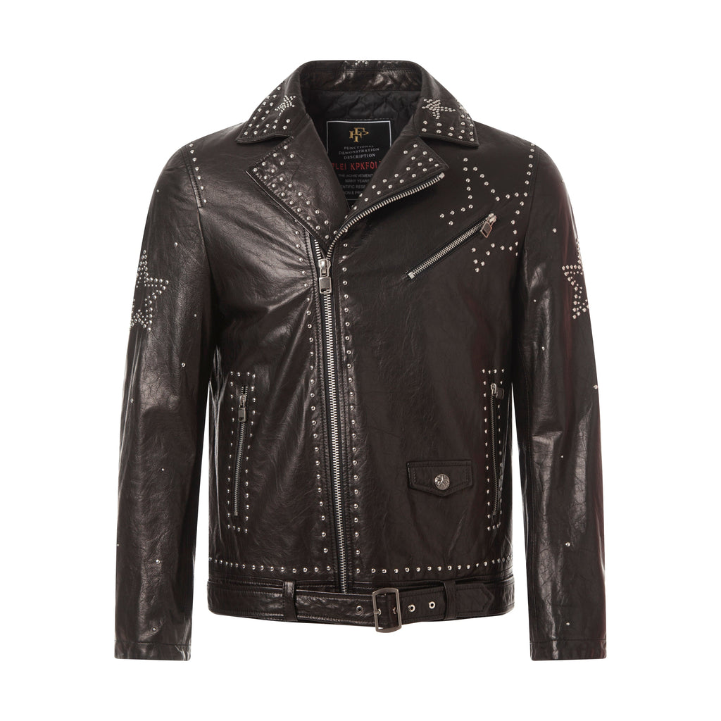 Black Rockstud Belted Genuine Leather Moto Jacket