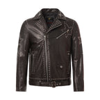 Black Rockstud Belted Genuine Leather Moto Jacket