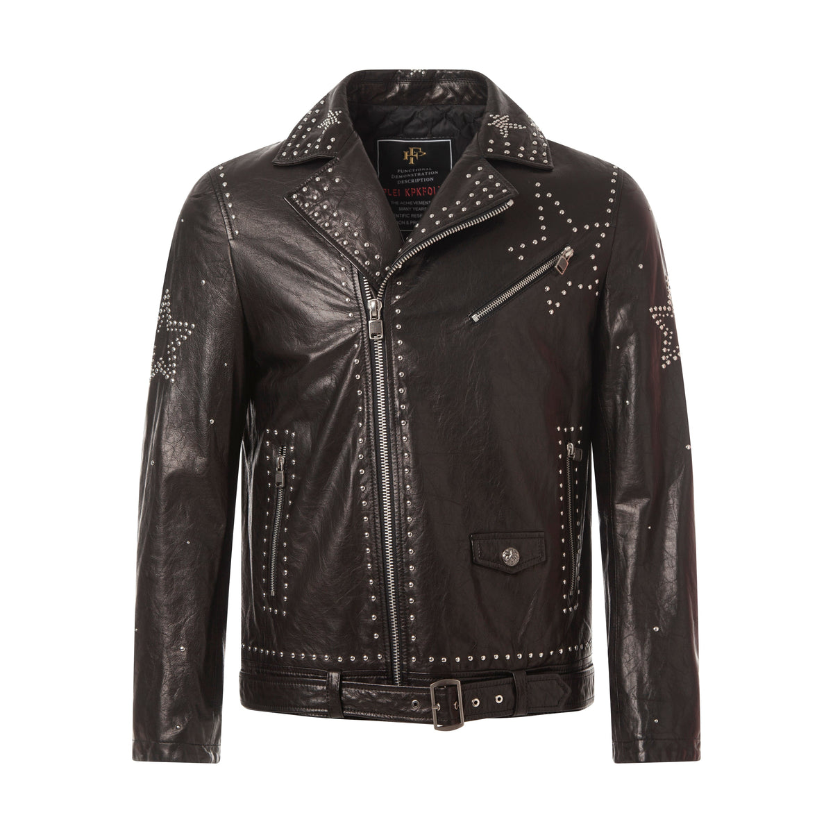 Black Rockstud Belted Genuine Leather Moto Jacket
