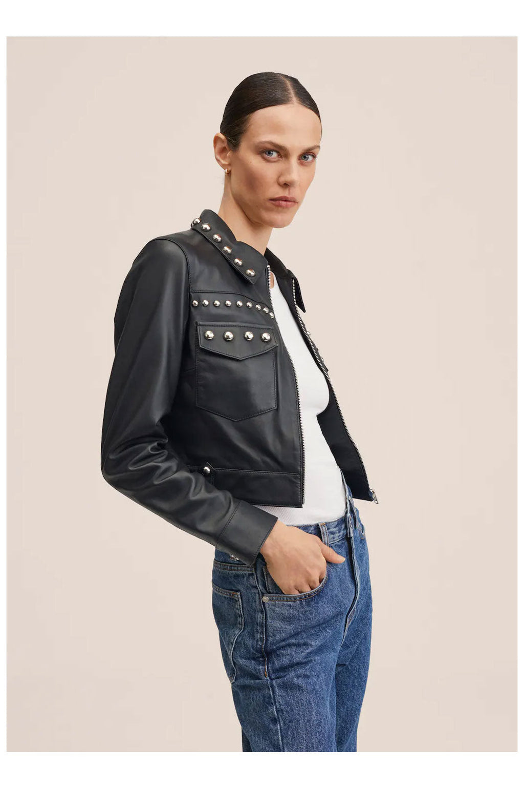 Black Women’s Silver Spiked Studded Retro Motorcycle Leather Jacket