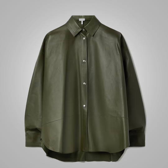 Women's Green Soft Smart Collar Leather Shirt
