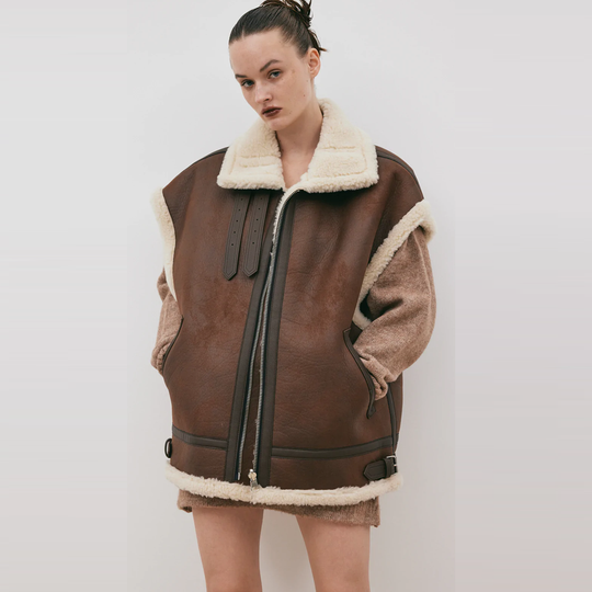 Chocolate Brown Women Aviator Sheepskin Leather Vest