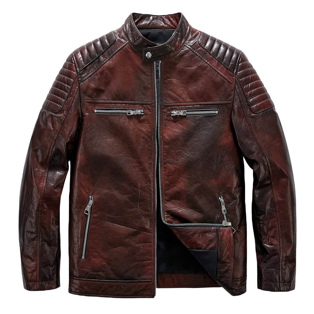Men's Reddish Brown Goatskin Café Racer Leather Moto Jacket