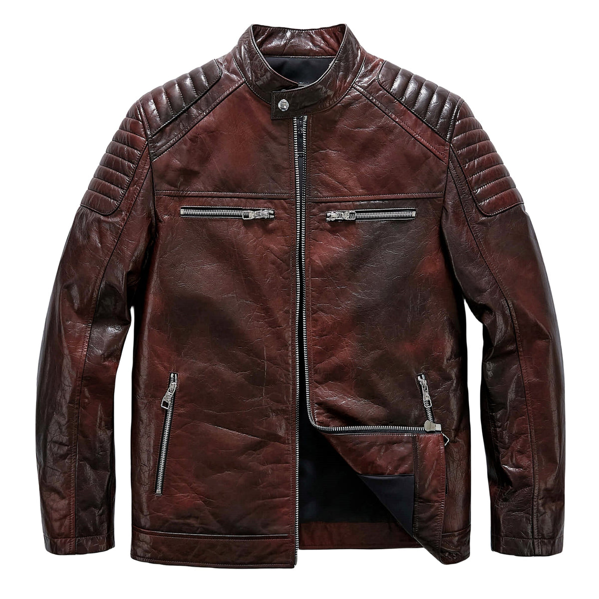 Men's Reddish Brown Goatskin Café Racer Leather Moto Jacket