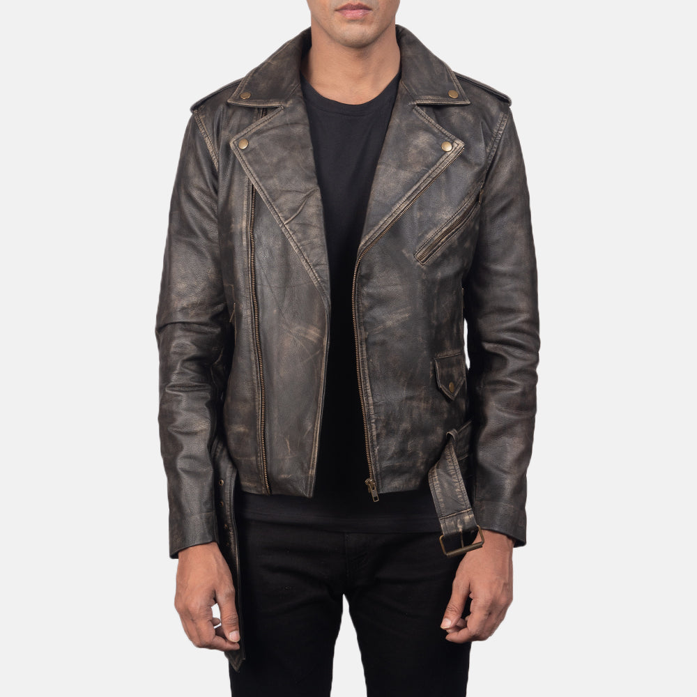 New Men Brown Moto Belted Motorcycle Leather Biker Jacket