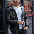 Black Hooded Genuine Leather Bomber Jacket