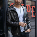 Black Hooded Genuine Leather Bomber Jacket