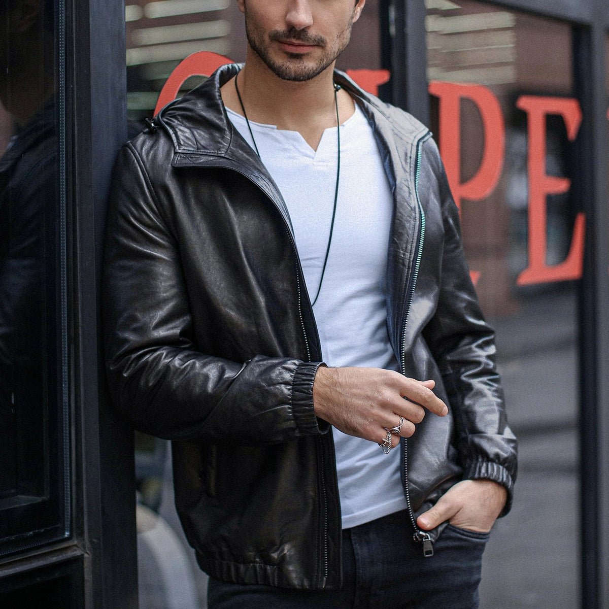 Black Hooded Genuine Leather Bomber Jacket