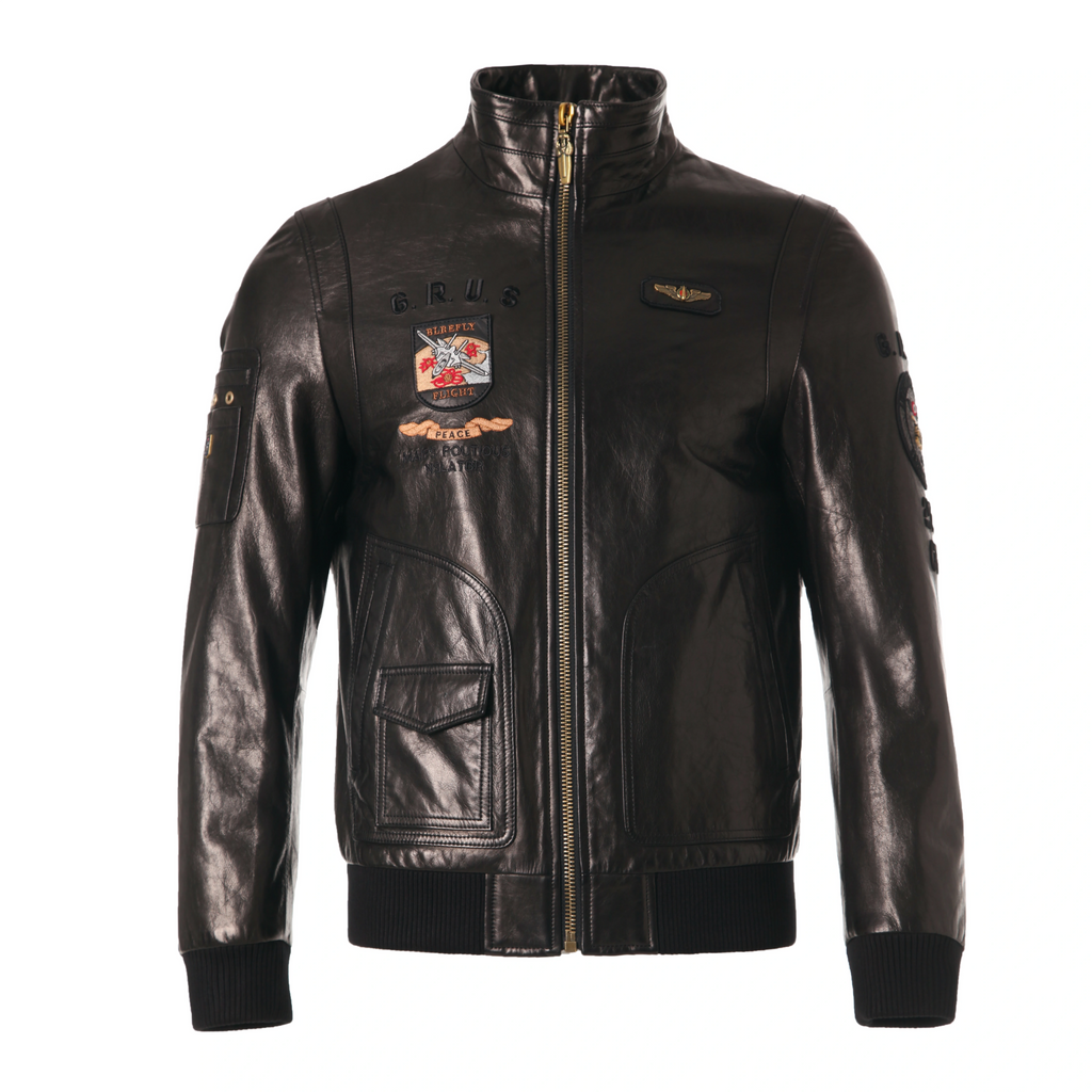 Black Pattern Patched Goatskin Bomber Jacket
