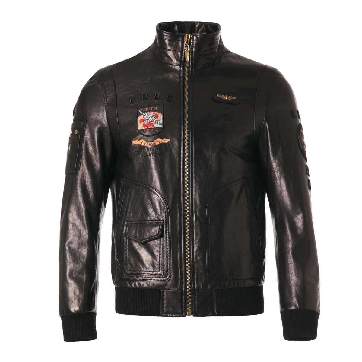 Black Pattern Patched Goatskin Bomber Jacket