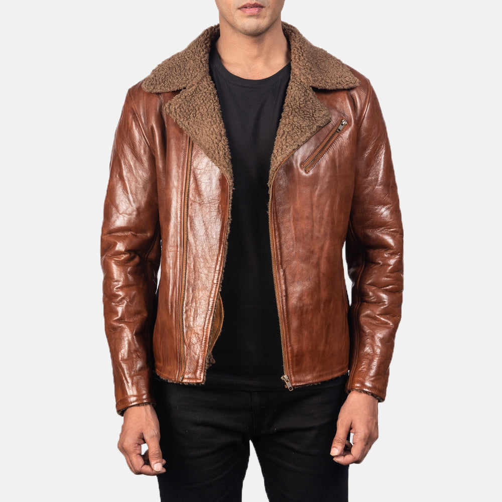 New Alberto Brown Shearling Moto Riding Men Biker Leather Jacket