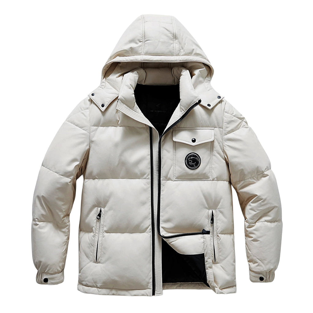 White Goatskin Leather Bomber Hooded Down Jacket