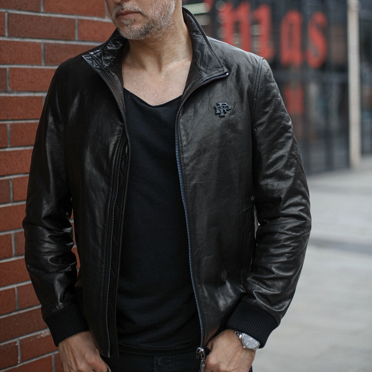 Black Basic Logo Genuine Leather Bomber Jacket
