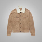 Men's Shearling Lined Leather Brown Trucker Jacket