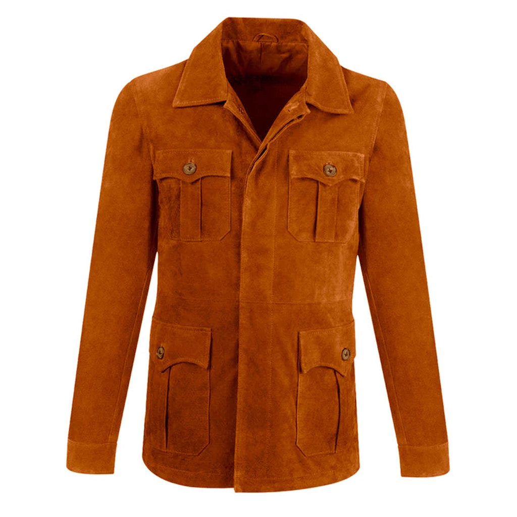 Men's Cream Brown Suede Leather Bomber Shirt Jacket - Jeans Style