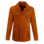 Men's Cream Brown Suede Leather Bomber Shirt Jacket - Jeans Style