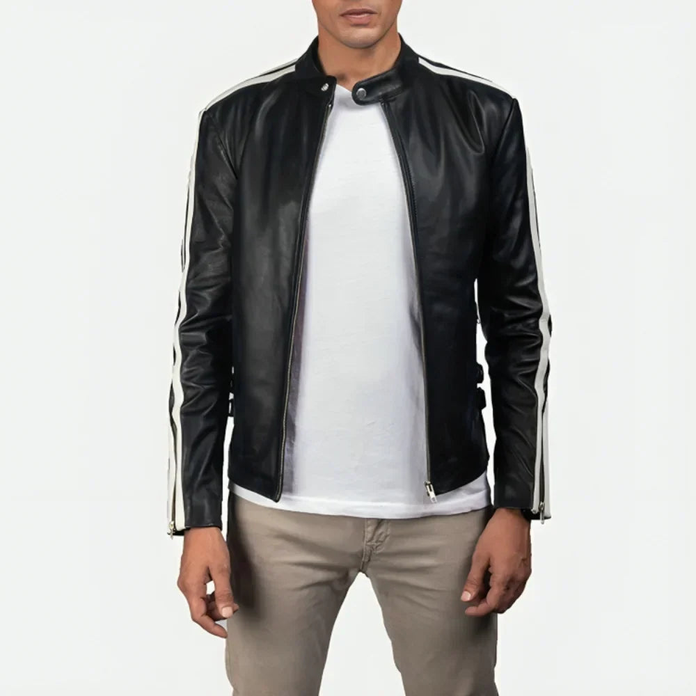 Mens White Striped Leather Cafe Racer Jacket